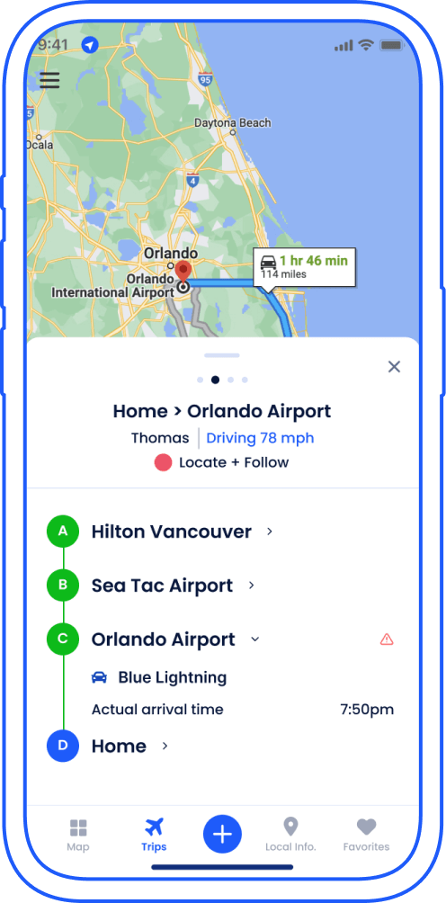 MotorMouth App displays family member's planned trip updates | Family Tracking App